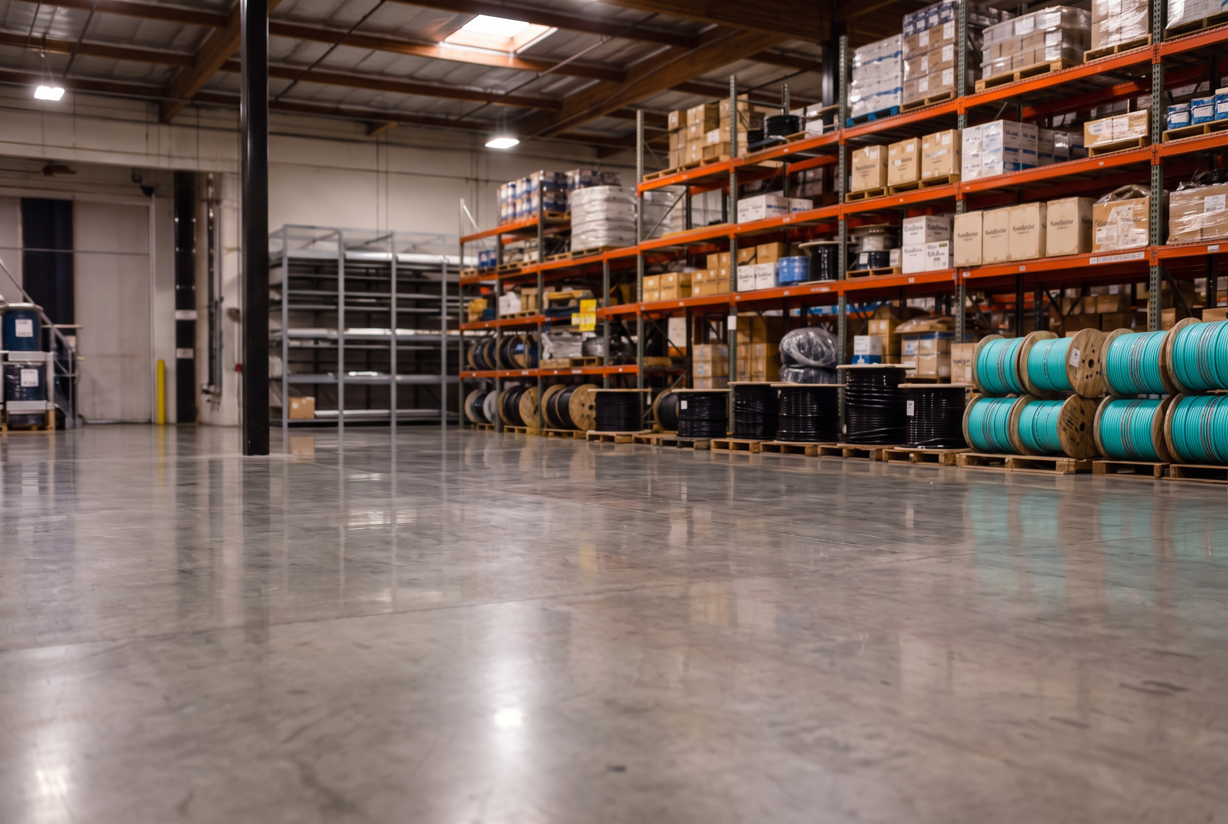 Copper wire spools stacked in a distribution warehouse